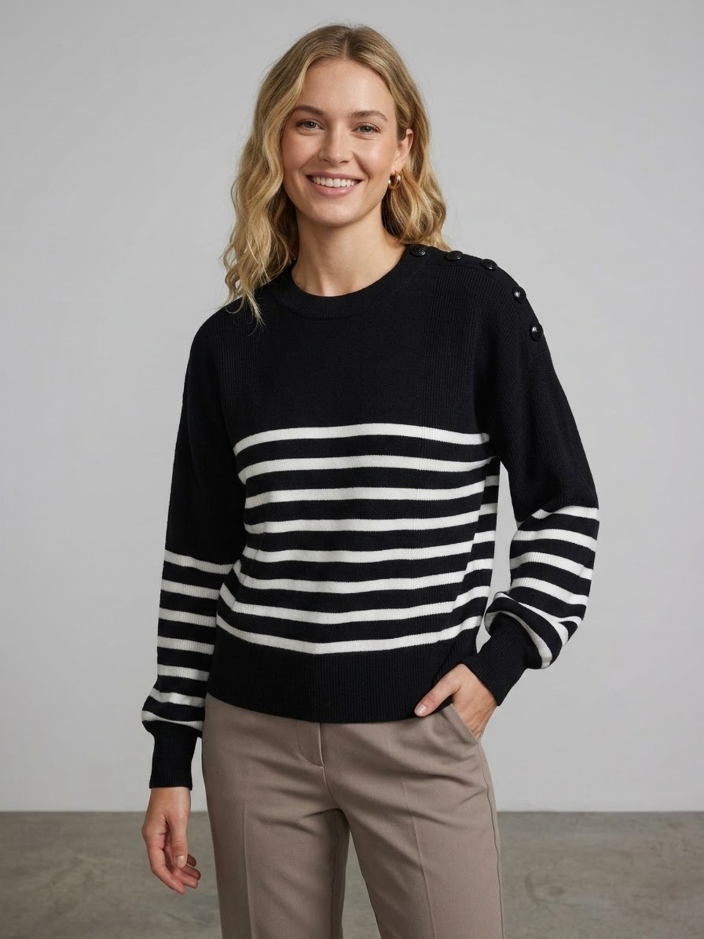 For The Republic Black & White Striped Crewneck Sweater with Shoulder Buttons XL